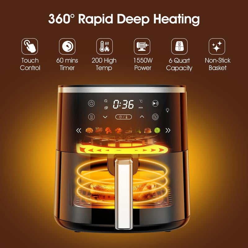 6QT Digital Air Fryer with Visible Window 8 Preset Functions Adjustable Temperature Timer 1550W Power for Crispy Fries Chicken & More Ideal Christmas Gift for Home Kitchen Appliances Multifunction