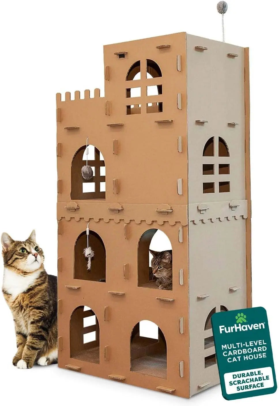 Multi-Level Cardboard Cat House & Scratcher Tower with Catnip & Toys
