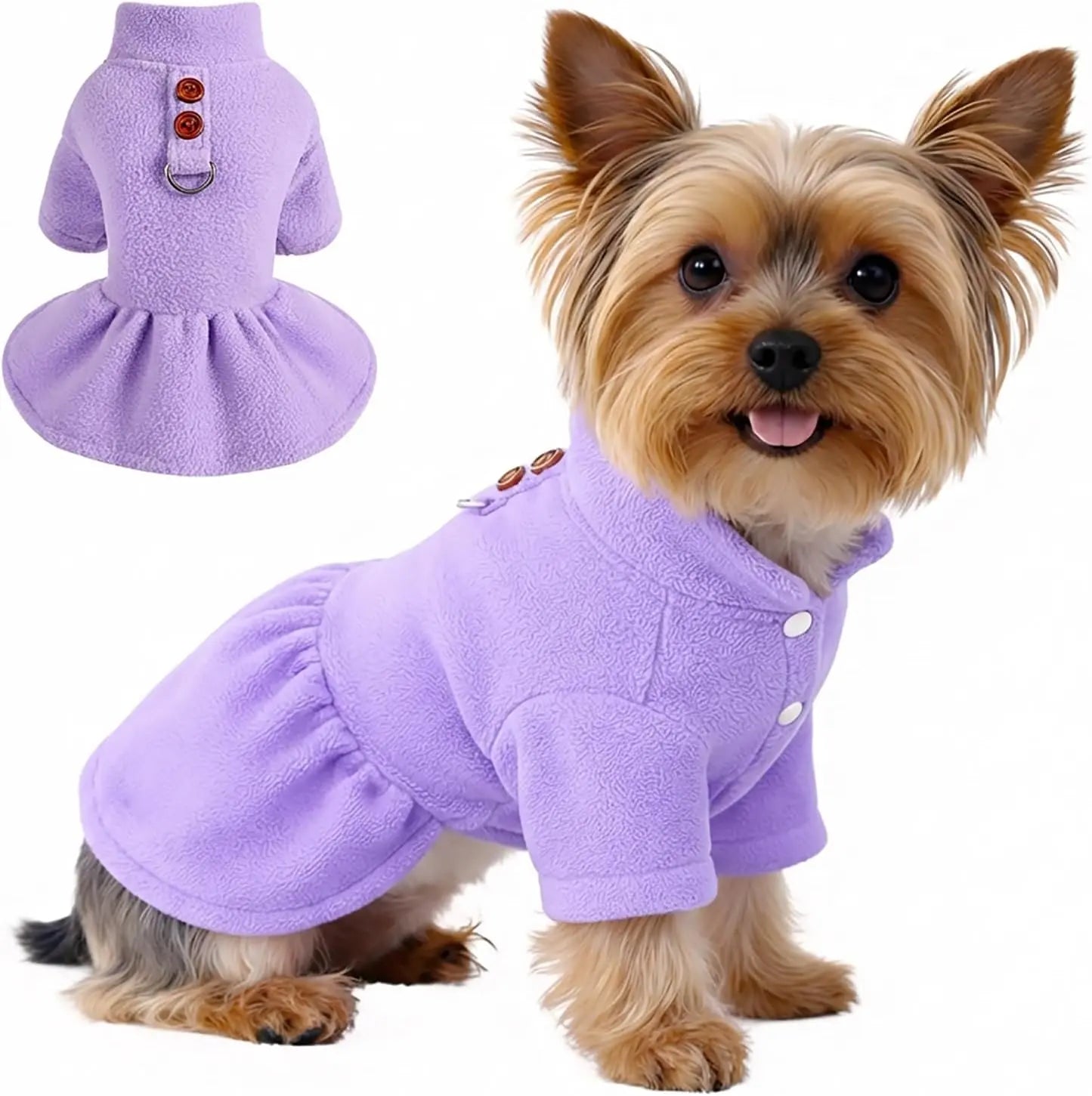 Small Dog Fleece Sweater Dress with Skirt & D-Ring Winter Puppy Outfit